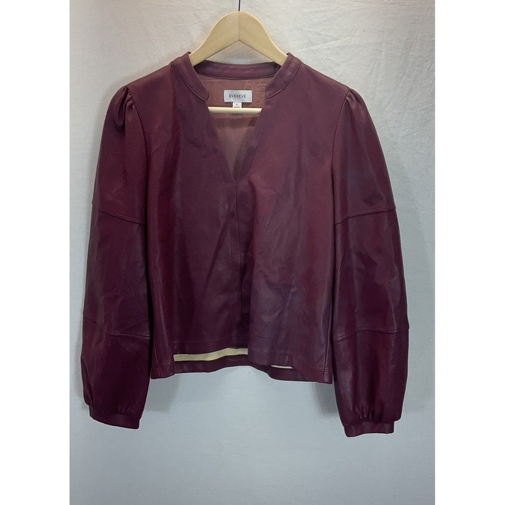 Evereve Ryann Wine Faux Leather Women's S V-Neck Blouse Puff 3/4 Sleeves Casual